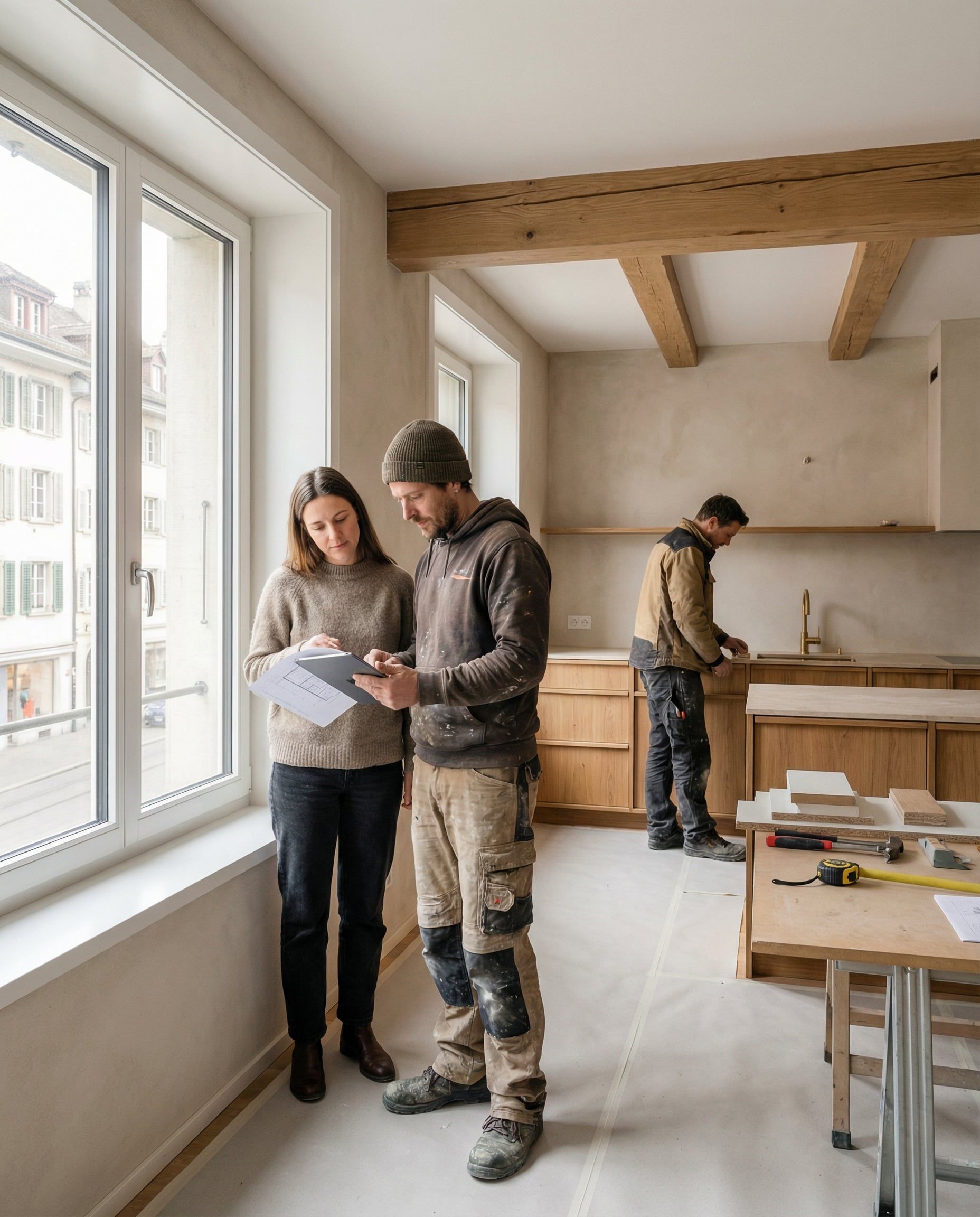 Projektleiter bespricht mit der Verwalterin die Pläne